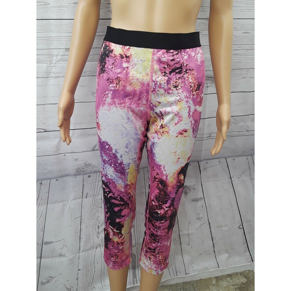 Vogo Athletica Womens Capri Yoga Sz M Pants Pink Yellow Pink Splattered Strech